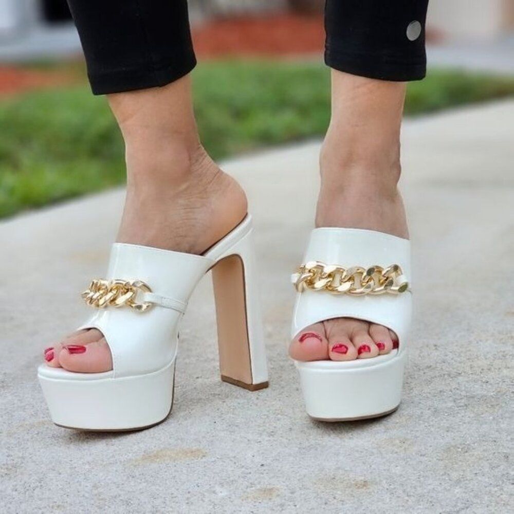 Women's White Patent Platform Mules Stiletto Heels Gold Chain Accent